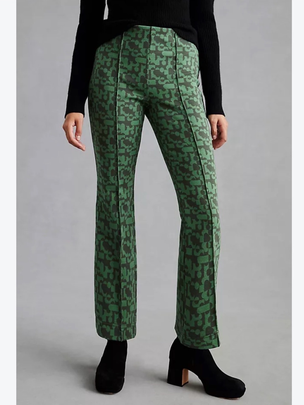Maeve The Margot Kick-Flare Cropped Pants Green and Charcoal Geometric Design